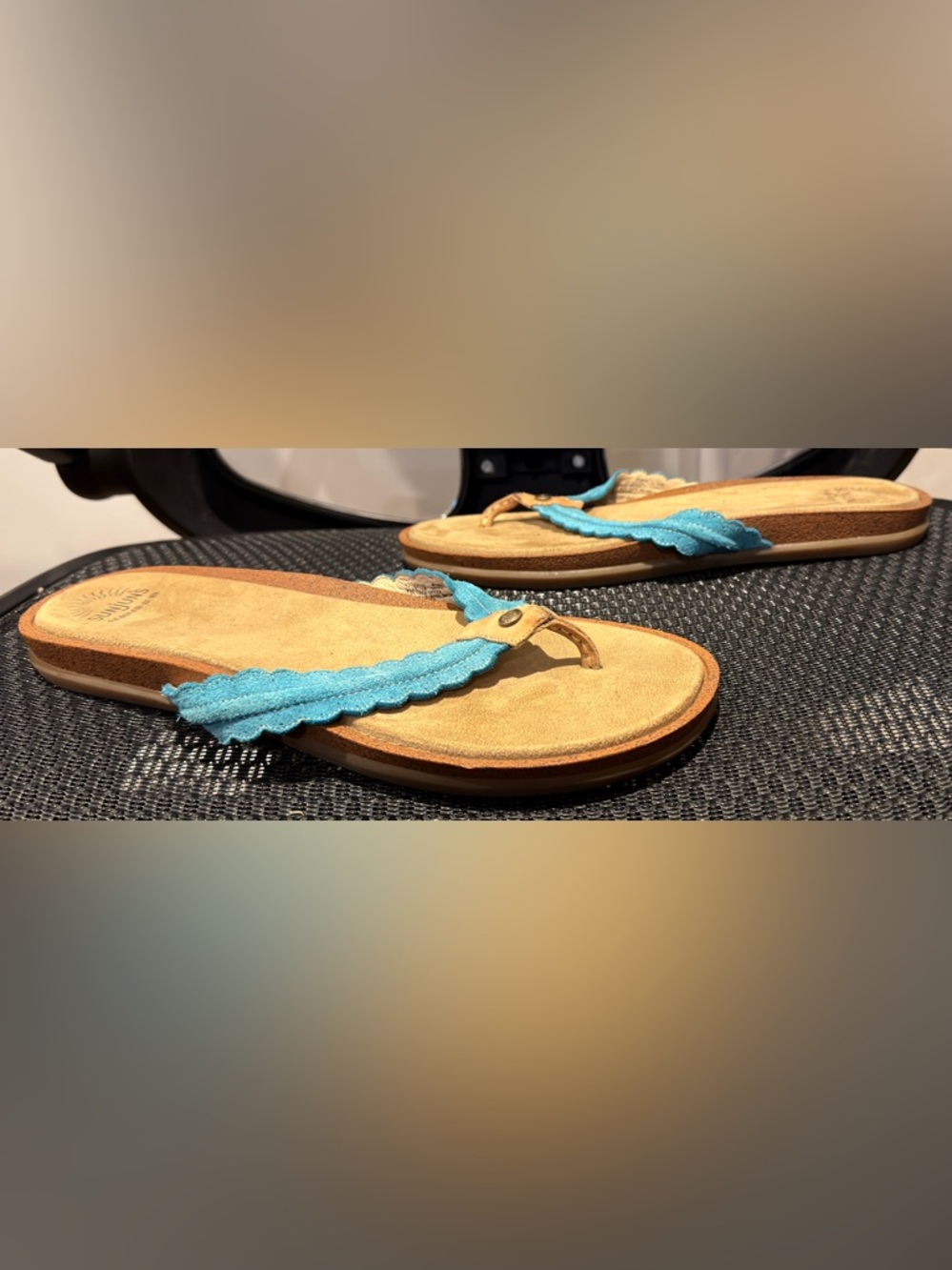 Bass Sunjuns Flip Flops Suede Brown Turquoise Size 11 - Picture 3 of 6